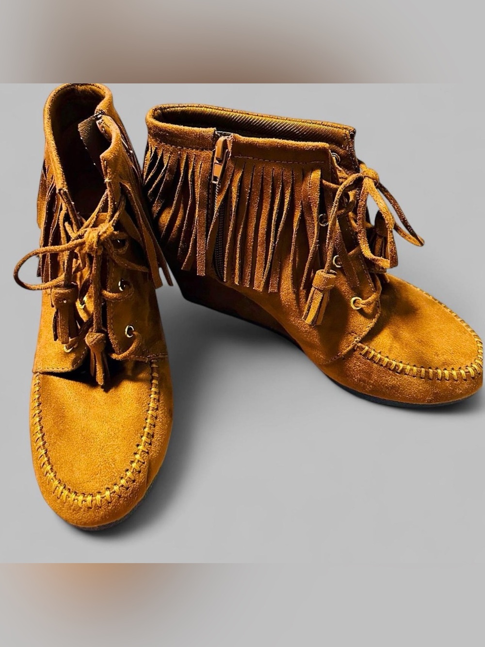 Boho Brown Suede Fringe Wedge Moccasin Ankle Boots - Women's Size 9M